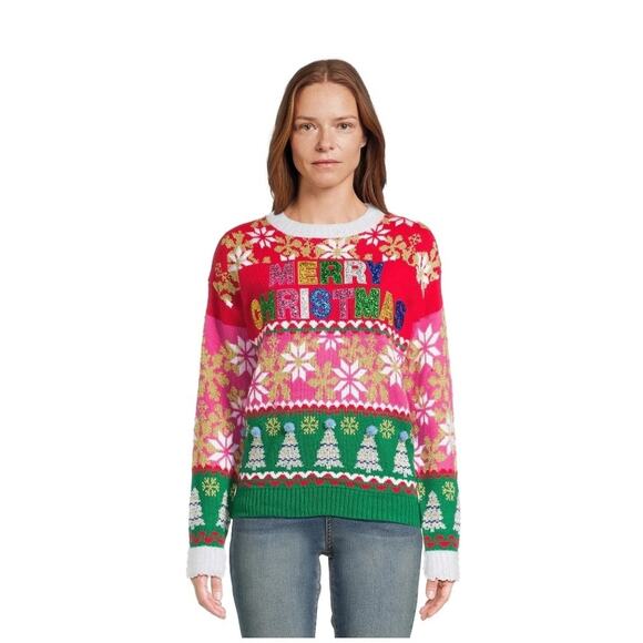 Holiday Time Women's Ugly Merry Christmas Sweater Size L 12-14 Snowflakes - Picture 1 of 6